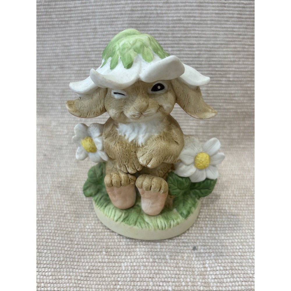 Vintage Ceramic Winking Bunny Flower Figurine Smile & the World Smiles With You